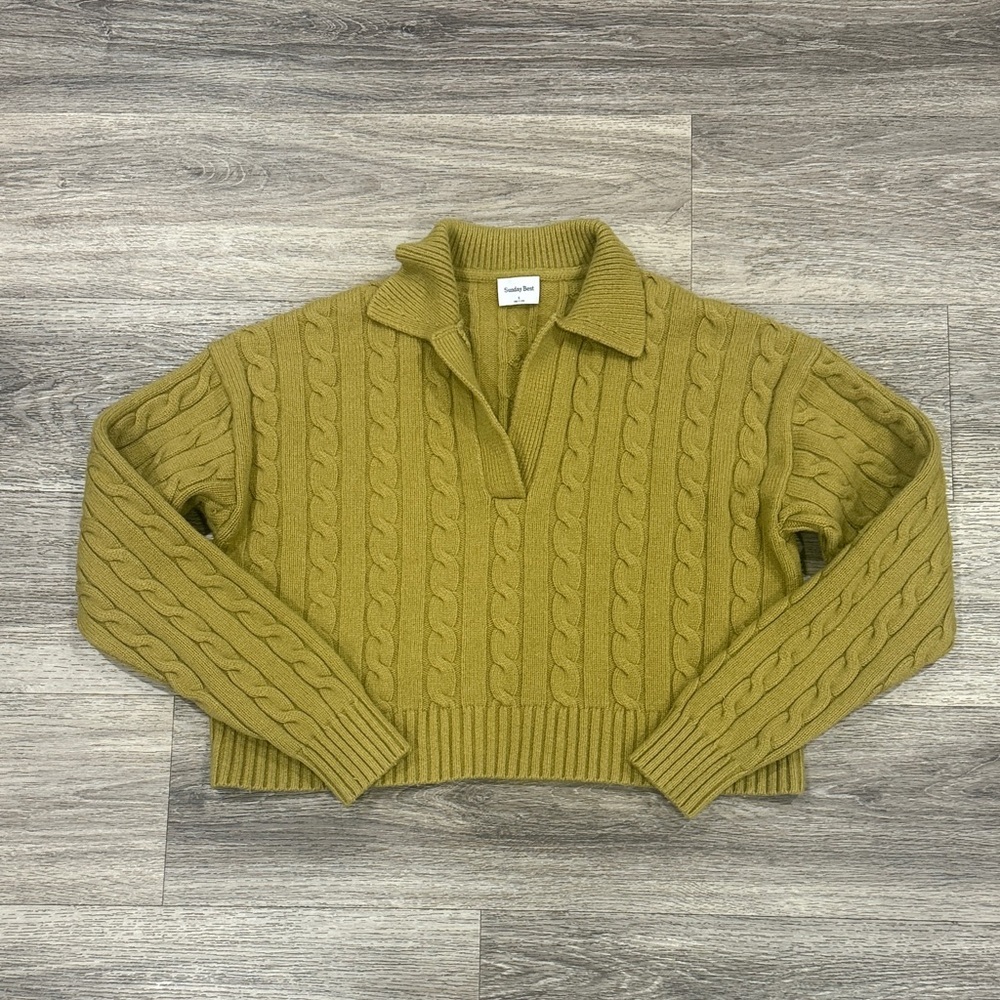 Sunday Best Olive V-Neck Cable Knit Sweater Small Cropped